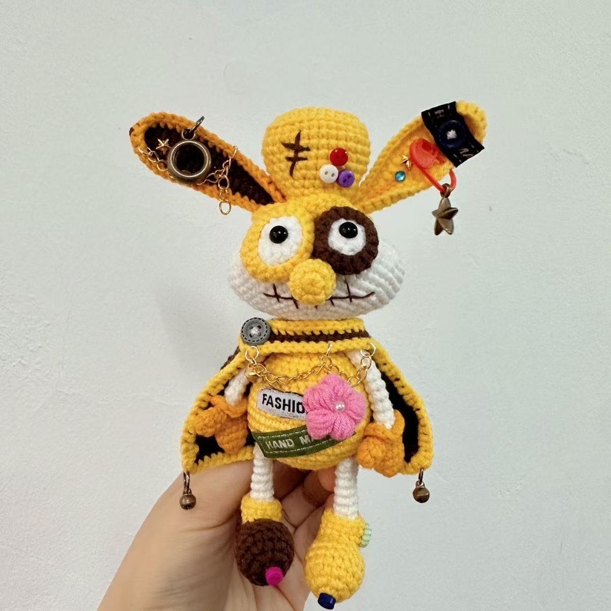 Handmade Cyberpunk Quirky Rabbit Crochet Doll - Asymmetric Steampunk Plushie, Edgy Art Toy Collectible