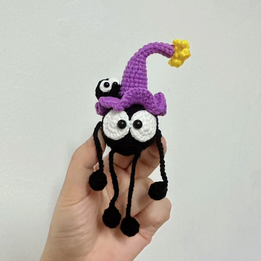Handmade Crochet Witchy Soot Sprite Plush - Funny Big-Eyed Wizard Monster Doll, Quirky Desk Companion Gag Gift