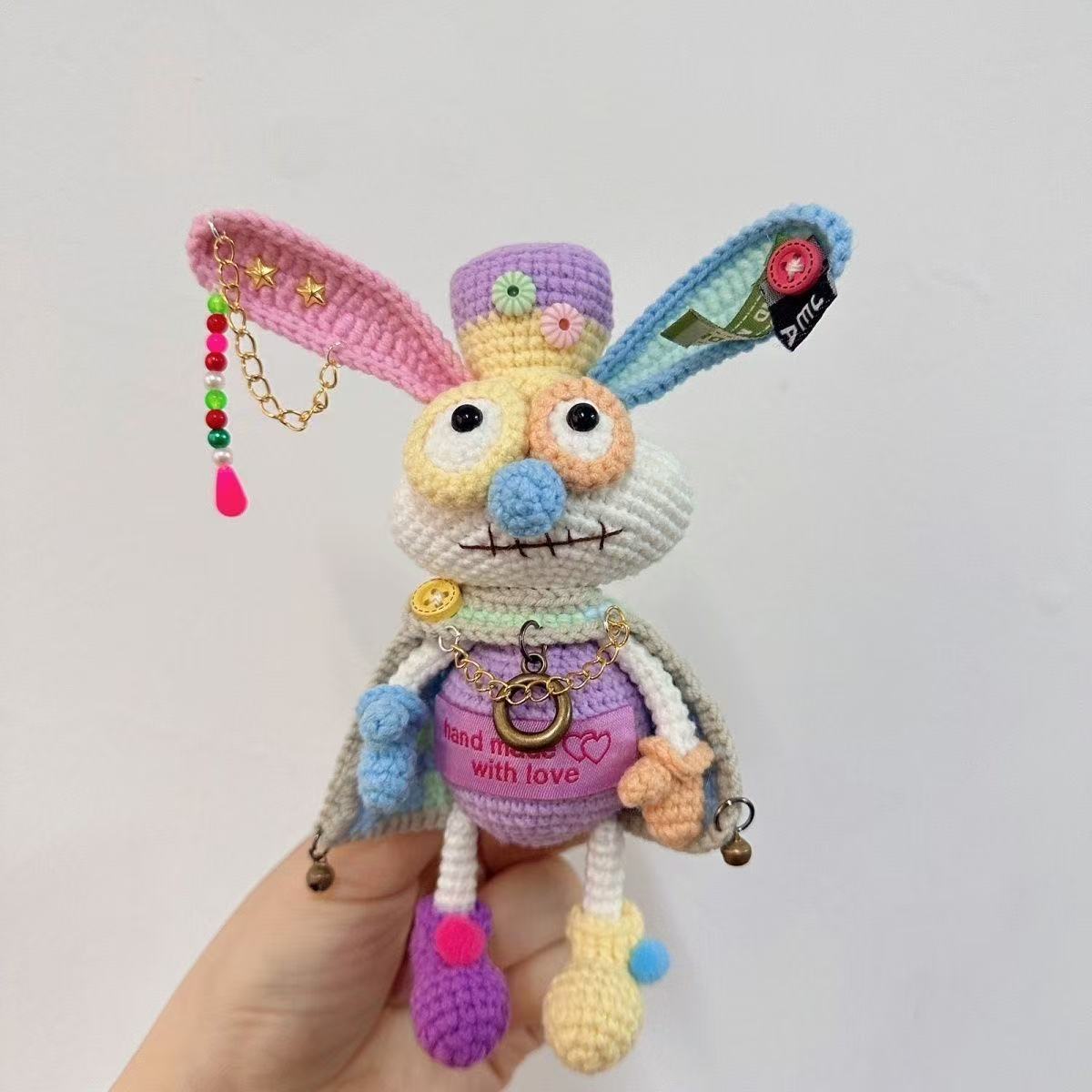 Handmade Cyberpunk Quirky Rabbit Crochet Doll - Asymmetric Steampunk Plushie, Edgy Art Toy Collectible