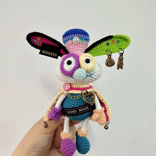 Handmade Cyberpunk Quirky Rabbit Crochet Doll - Asymmetric Steampunk Plushie, Edgy Art Toy Collectible