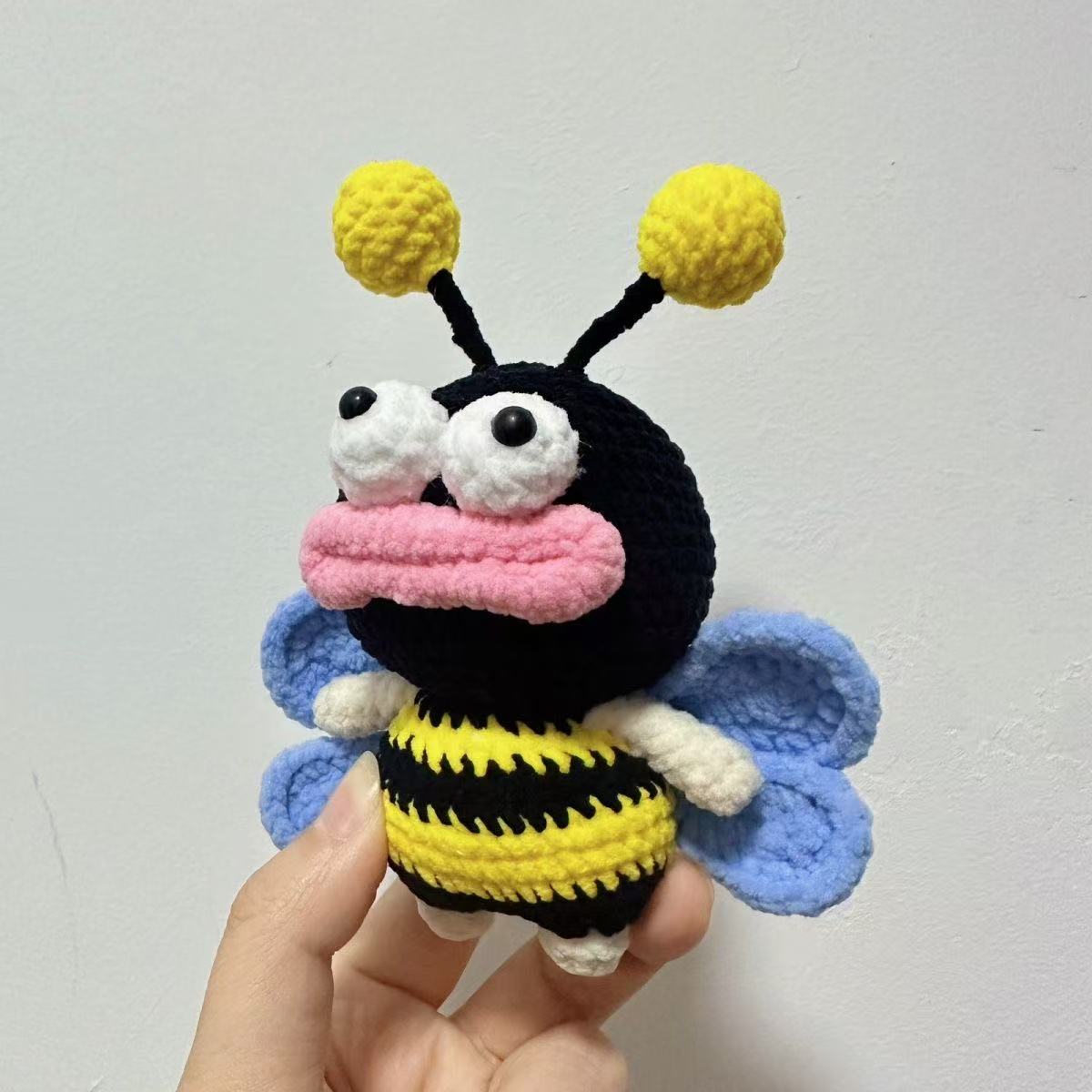 Handmade Crochet Derpy Bumblebee Plush - Funny Ugly-Cute Big Lips Bee Doll, Quirky Desk Ornament Gag Gift