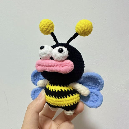 Handmade Crochet Derpy Bumblebee Plush - Funny Ugly-Cute Big Lips Bee Doll, Quirky Desk Ornament Gag Gift