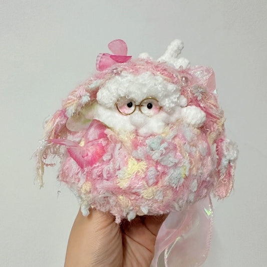 Deluxe Handmade Crochet Pastel Lamb Doll - Fluffy Sheep with Vintage Glasses & Ribbon, Fairycore Kawaii Art Toy