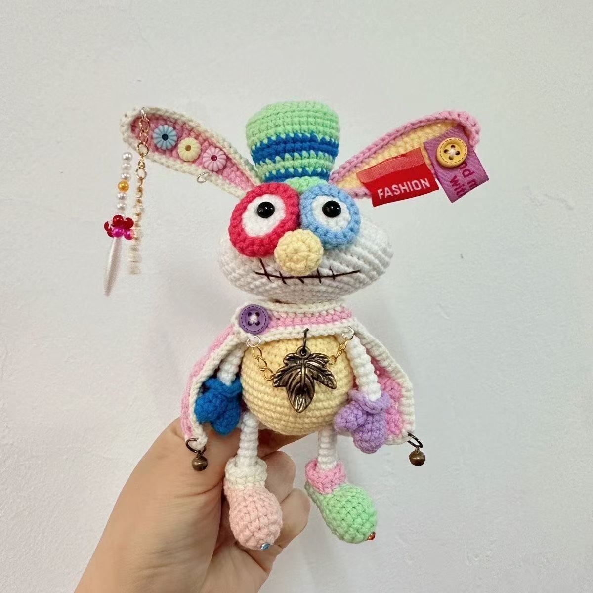 Handmade Cyberpunk Quirky Rabbit Crochet Doll - Asymmetric Steampunk Plushie, Edgy Art Toy Collectible