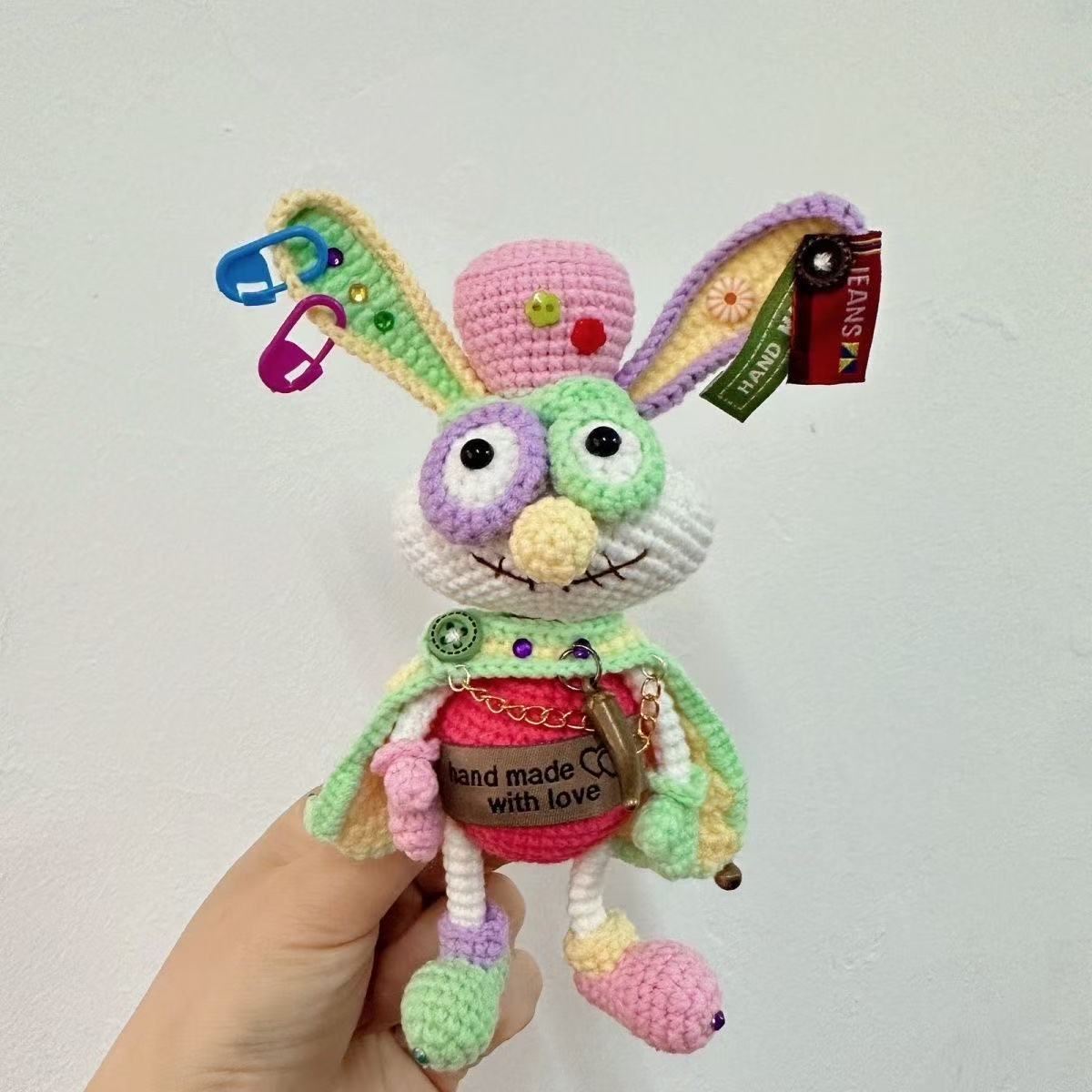 Handmade Cyberpunk Quirky Rabbit Crochet Doll - Asymmetric Steampunk Plushie, Edgy Art Toy Collectible