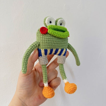 Handmade Crochet Funny Long-Legged Frog Plush - Quirky Striped Pants Froggy Doll, Ugly-Cute Meme Desk Toy Gag Gift