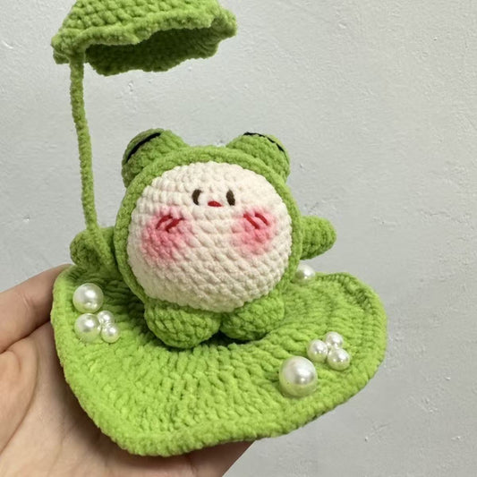 Handmade Crochet Sleepy Frog on Lilypad Plush - Cute Cottagecore Froggy with Umbrella & Pearls, Kawaii Desk Ornament Gift