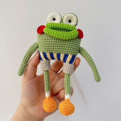 Handmade Crochet Funny Long-Legged Frog Plush - Quirky Striped Pants Froggy Doll, Ugly-Cute Meme Desk Toy Gag Gift