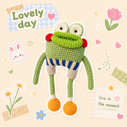 Handmade Crochet Funny Long-Legged Frog Plush - Quirky Striped Pants Froggy Doll, Ugly-Cute Meme Desk Toy Gag Gift