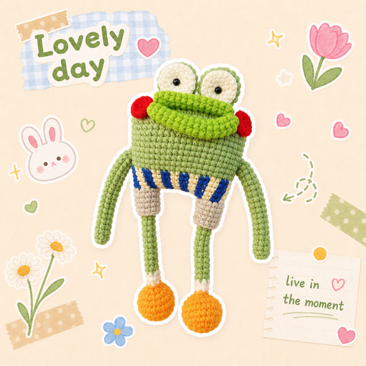 Handmade Crochet Funny Long-Legged Frog Plush - Quirky Striped Pants Froggy Doll, Ugly-Cute Meme Desk Toy Gag Gift