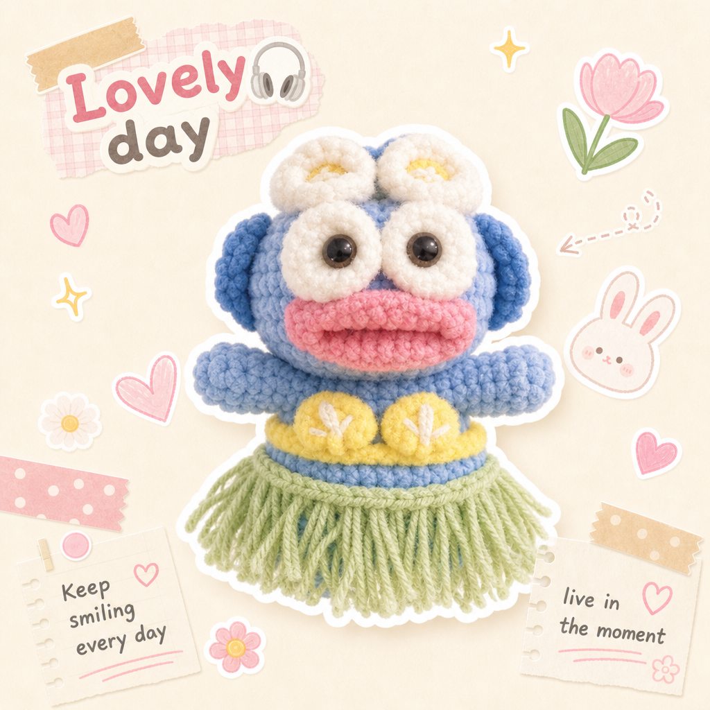 Handmade Crochet Hula Monster Plush - Funny Ugly-Cute Summer Alien Doll, Quirky Desk Ornament Gag Gift