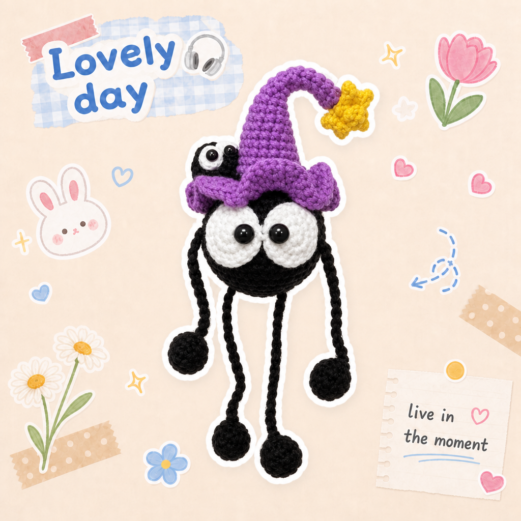 Handmade Crochet Witchy Soot Sprite Plush - Funny Big-Eyed Wizard Monster Doll, Quirky Desk Companion Gag Gift