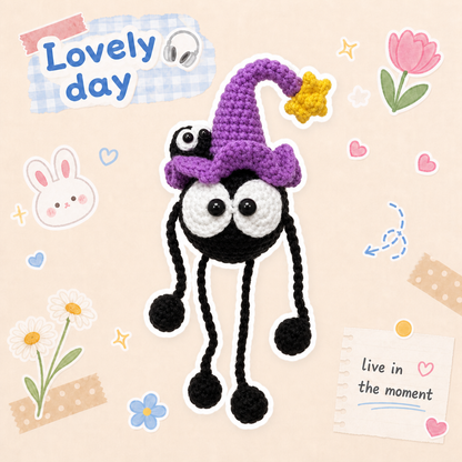 Handmade Crochet Witchy Soot Sprite Plush - Funny Big-Eyed Wizard Monster Doll, Quirky Desk Companion Gag Gift