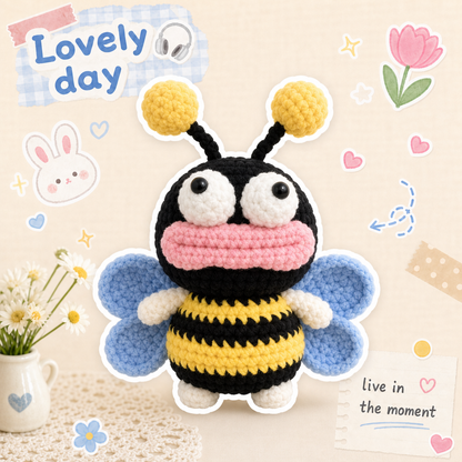 Handmade Crochet Derpy Bumblebee Plush - Funny Ugly-Cute Big Lips Bee Doll, Quirky Desk Ornament Gag Gift