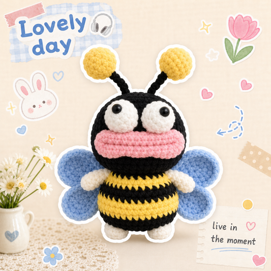 Handmade Crochet Derpy Bumblebee Plush - Funny Ugly-Cute Big Lips Bee Doll, Quirky Desk Ornament Gag Gift