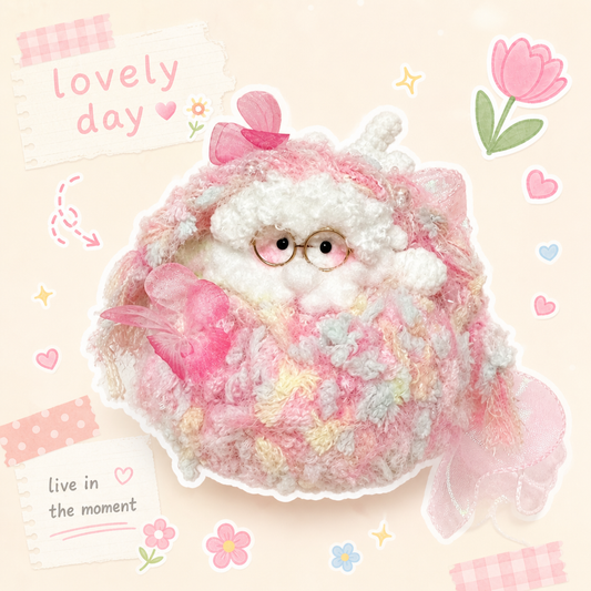 Deluxe Handmade Crochet Pastel Lamb Doll - Fluffy Sheep with Vintage Glasses & Ribbon, Fairycore Kawaii Art Toy