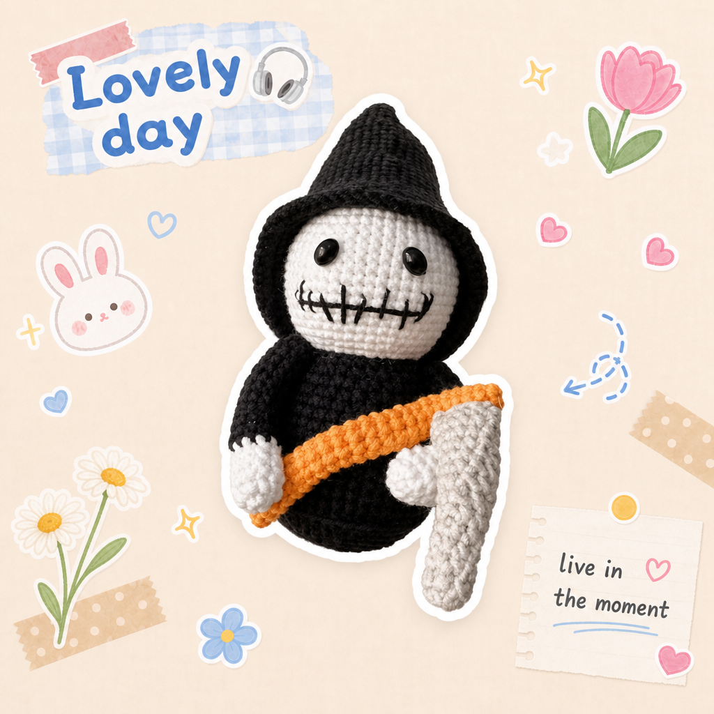 Handmade Crochet Chibi Grim Reaper Plush - Spooky Cute Halloween Reaper with Scythe, Gothic Kawaii Desk Toy Gift